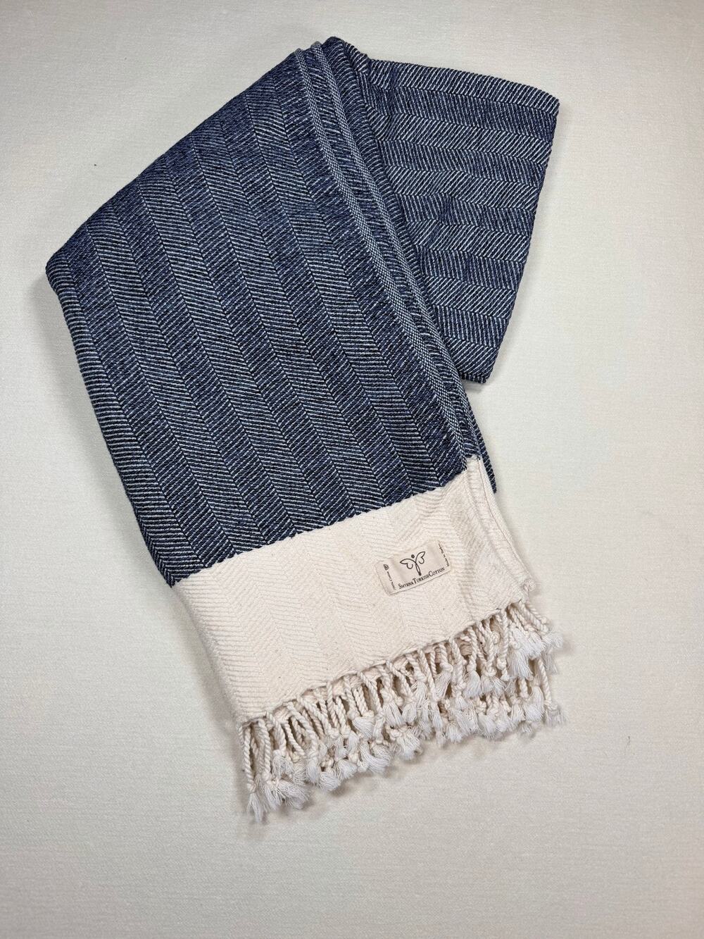Smyrna Turkish Cotton Throw Blanket Navy Cream Herringbone Fringe 62x45 Boho